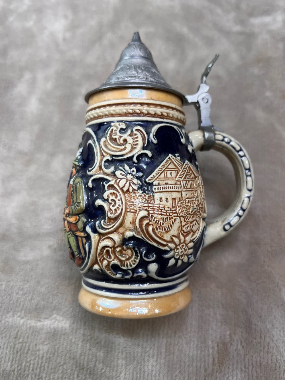 Vintage German Ceramic Beer Stein with Silver Pewter Lid